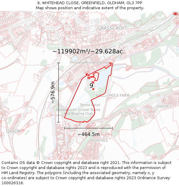 9, WHITEHEAD CLOSE, GREENFIELD, OLDHAM, OL3 7PP: Plot and title map