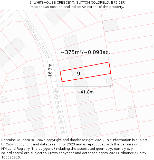 9, WHITEHOUSE CRESCENT, SUTTON COLDFIELD, B75 6ER: Plot and title map