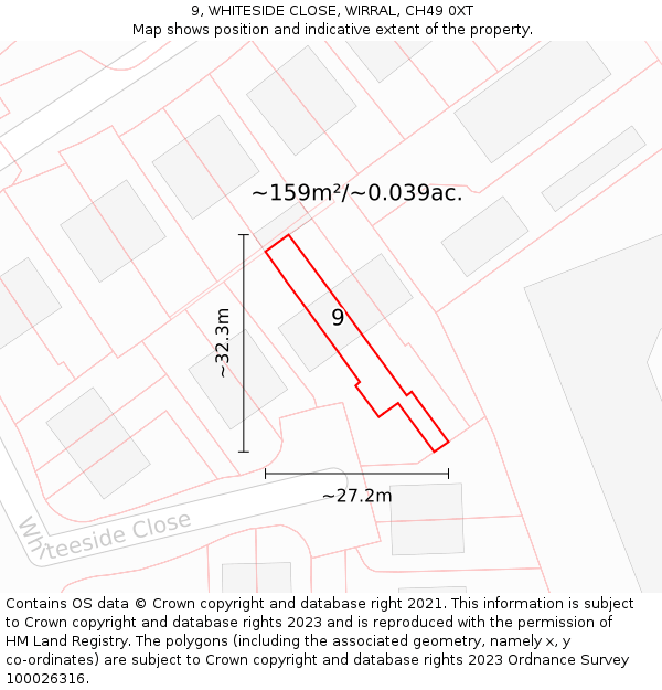 9, WHITESIDE CLOSE, WIRRAL, CH49 0XT: Plot and title map