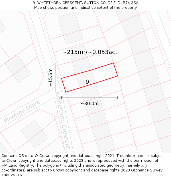 9, WHITETHORN CRESCENT, SUTTON COLDFIELD, B74 3SA: Plot and title map