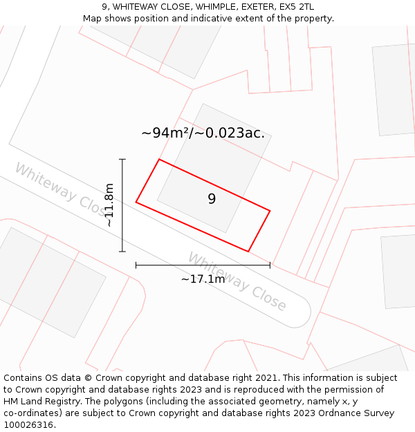 9, WHITEWAY CLOSE, WHIMPLE, EXETER, EX5 2TL: Plot and title map