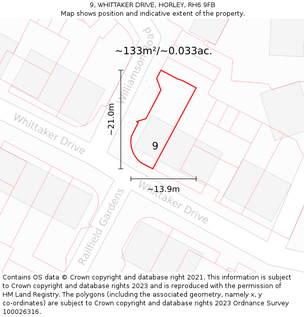 9, WHITTAKER DRIVE, HORLEY, RH6 9FB: Plot and title map