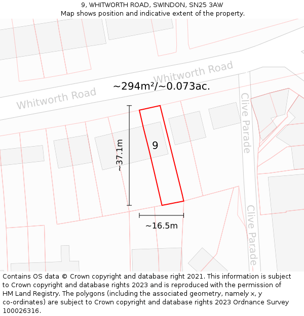 9, WHITWORTH ROAD, SWINDON, SN25 3AW: Plot and title map