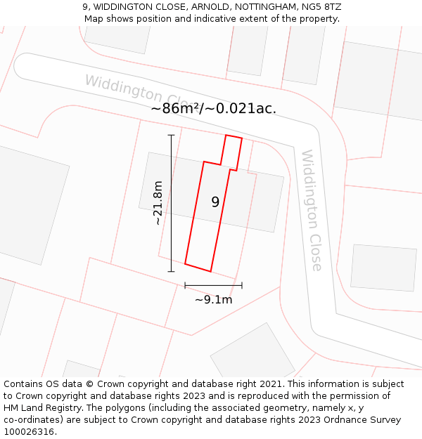 9, WIDDINGTON CLOSE, ARNOLD, NOTTINGHAM, NG5 8TZ: Plot and title map