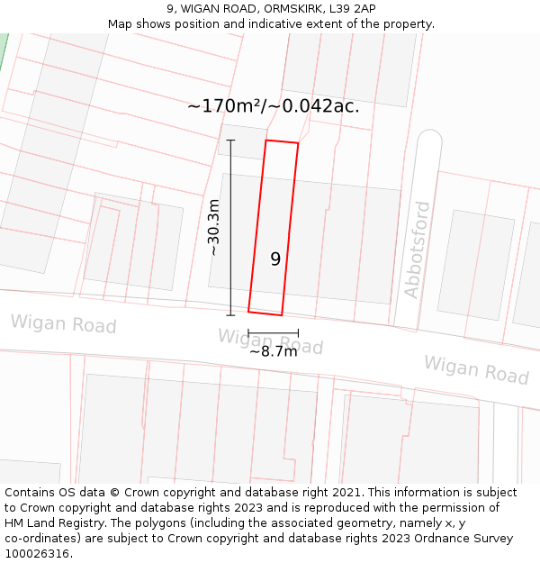 9, WIGAN ROAD, ORMSKIRK, L39 2AP: Plot and title map