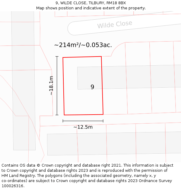 9, WILDE CLOSE, TILBURY, RM18 8BX: Plot and title map