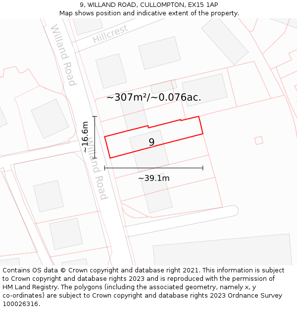 9, WILLAND ROAD, CULLOMPTON, EX15 1AP: Plot and title map