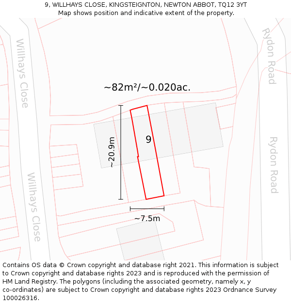 9, WILLHAYS CLOSE, KINGSTEIGNTON, NEWTON ABBOT, TQ12 3YT: Plot and title map