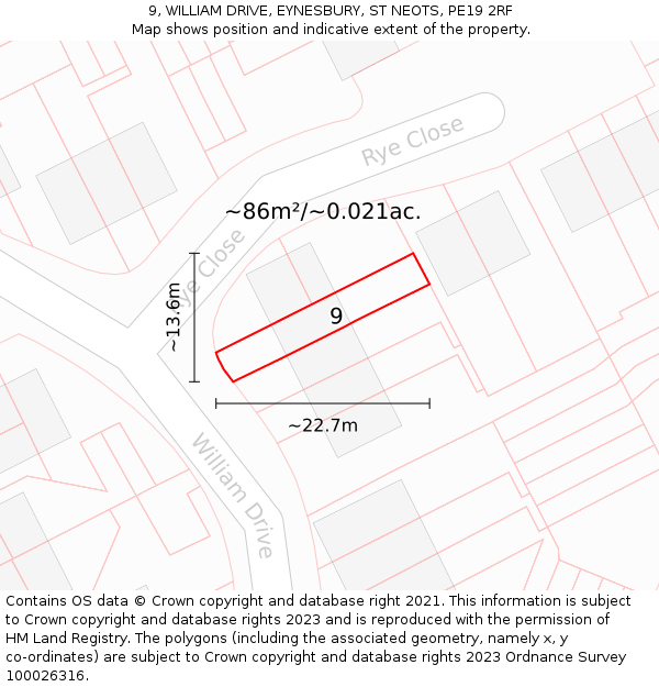 9, WILLIAM DRIVE, EYNESBURY, ST NEOTS, PE19 2RF: Plot and title map