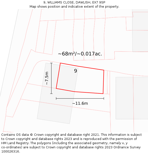 9, WILLIAMS CLOSE, DAWLISH, EX7 9SP: Plot and title map