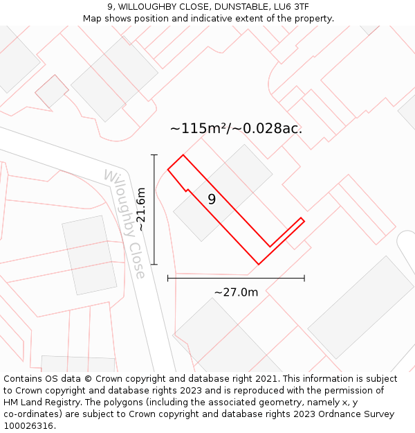 9, WILLOUGHBY CLOSE, DUNSTABLE, LU6 3TF: Plot and title map