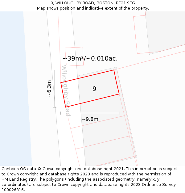9, WILLOUGHBY ROAD, BOSTON, PE21 9EG: Plot and title map