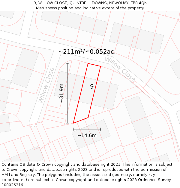 9, WILLOW CLOSE, QUINTRELL DOWNS, NEWQUAY, TR8 4QN: Plot and title map