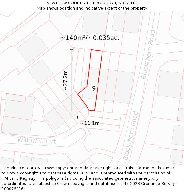 9, WILLOW COURT, ATTLEBOROUGH, NR17 1TD: Plot and title map