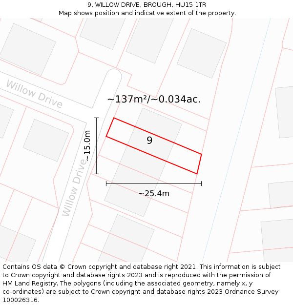 9, WILLOW DRIVE, BROUGH, HU15 1TR: Plot and title map