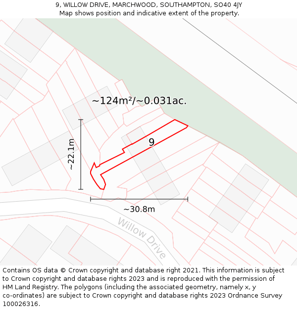9, WILLOW DRIVE, MARCHWOOD, SOUTHAMPTON, SO40 4JY: Plot and title map