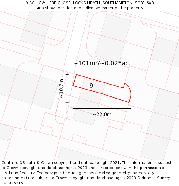 9, WILLOW HERB CLOSE, LOCKS HEATH, SOUTHAMPTON, SO31 6XB: Plot and title map