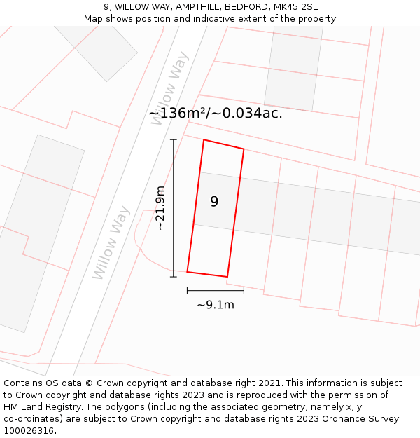 9, WILLOW WAY, AMPTHILL, BEDFORD, MK45 2SL: Plot and title map