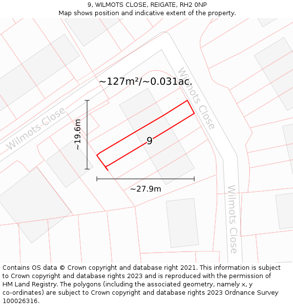 9, WILMOTS CLOSE, REIGATE, RH2 0NP: Plot and title map