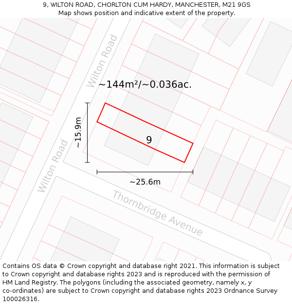 9, WILTON ROAD, CHORLTON CUM HARDY, MANCHESTER, M21 9GS: Plot and title map