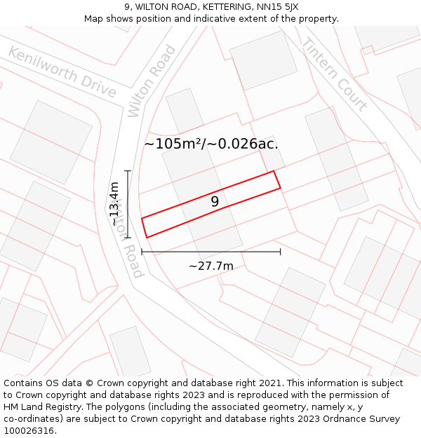 9, WILTON ROAD, KETTERING, NN15 5JX: Plot and title map