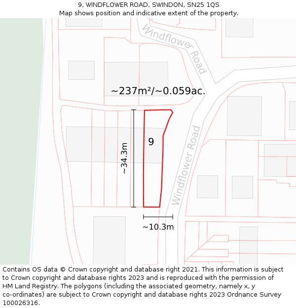 9, WINDFLOWER ROAD, SWINDON, SN25 1QS: Plot and title map