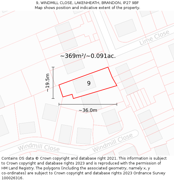 9, WINDMILL CLOSE, LAKENHEATH, BRANDON, IP27 9BF: Plot and title map