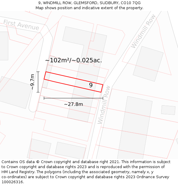 9, WINDMILL ROW, GLEMSFORD, SUDBURY, CO10 7QG: Plot and title map