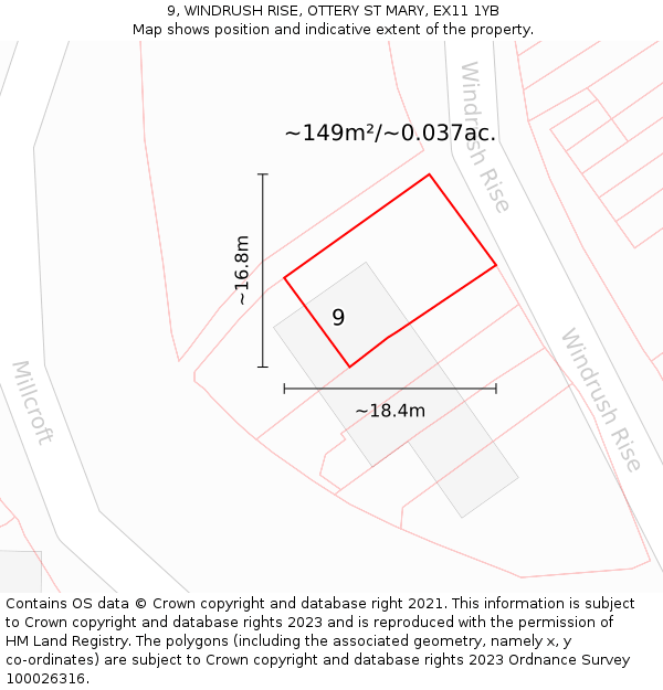 9, WINDRUSH RISE, OTTERY ST MARY, EX11 1YB: Plot and title map