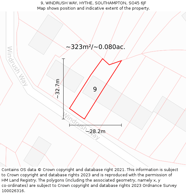 9, WINDRUSH WAY, HYTHE, SOUTHAMPTON, SO45 6JF: Plot and title map