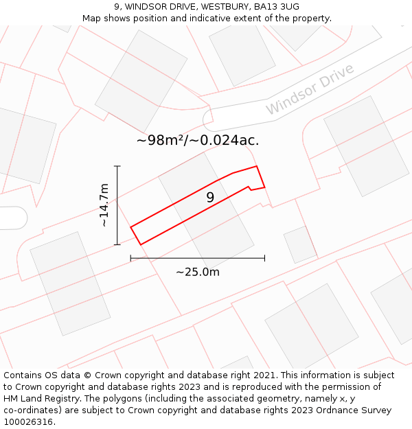 9, WINDSOR DRIVE, WESTBURY, BA13 3UG: Plot and title map