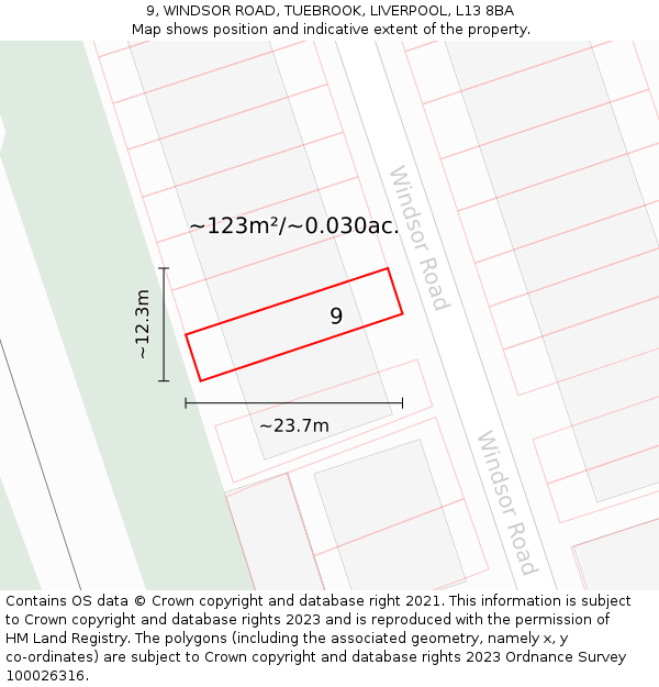 9, WINDSOR ROAD, TUEBROOK, LIVERPOOL, L13 8BA: Plot and title map