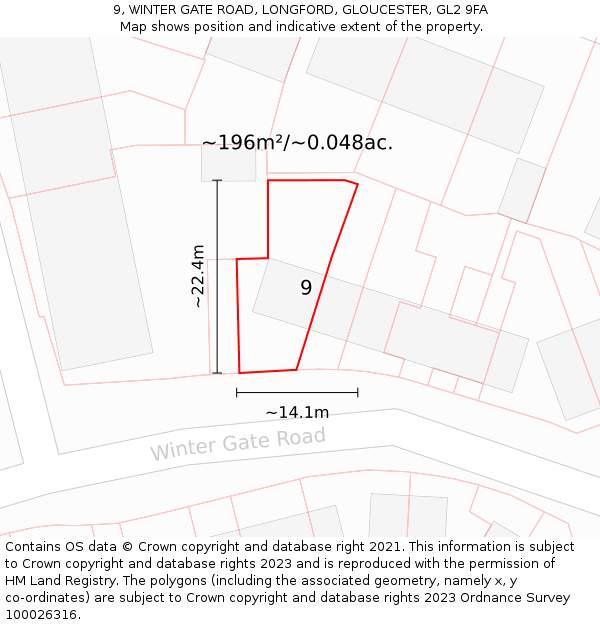 9, WINTER GATE ROAD, LONGFORD, GLOUCESTER, GL2 9FA: Plot and title map