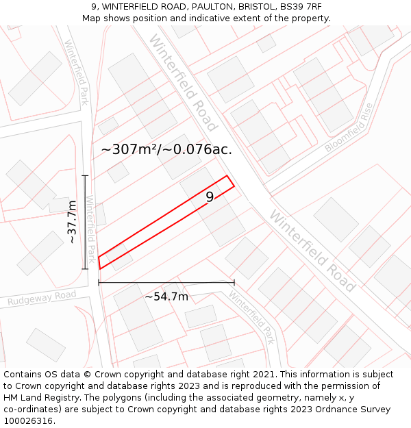 9, WINTERFIELD ROAD, PAULTON, BRISTOL, BS39 7RF: Plot and title map