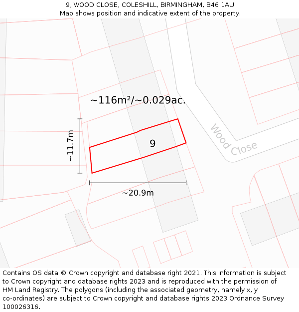 9, WOOD CLOSE, COLESHILL, BIRMINGHAM, B46 1AU: Plot and title map