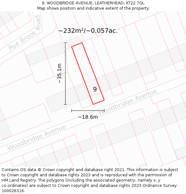 9, WOODBRIDGE AVENUE, LEATHERHEAD, KT22 7QL: Plot and title map