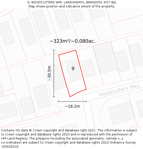 9, WOODCUTTERS WAY, LAKENHEATH, BRANDON, IP27 9JQ: Plot and title map