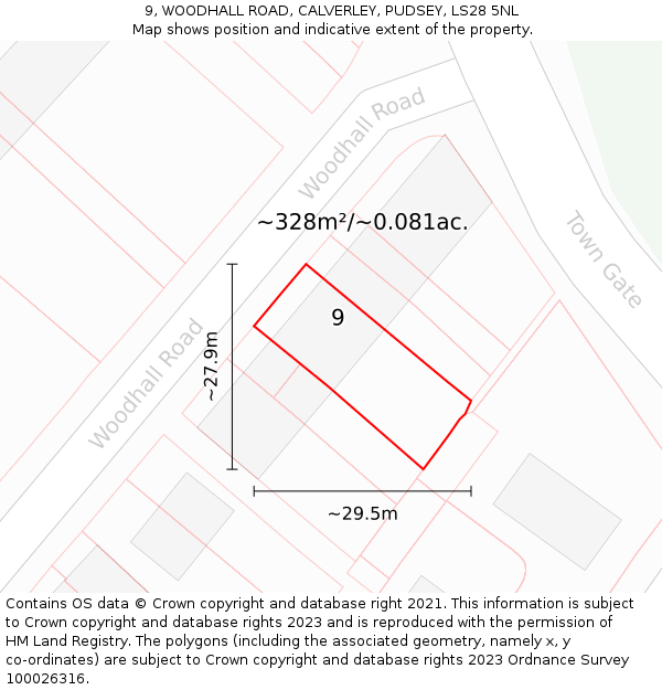 9, WOODHALL ROAD, CALVERLEY, PUDSEY, LS28 5NL: Plot and title map