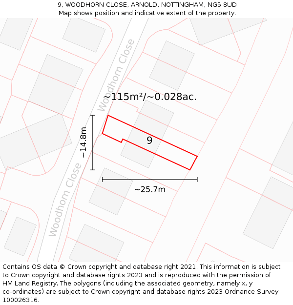9, WOODHORN CLOSE, ARNOLD, NOTTINGHAM, NG5 8UD: Plot and title map