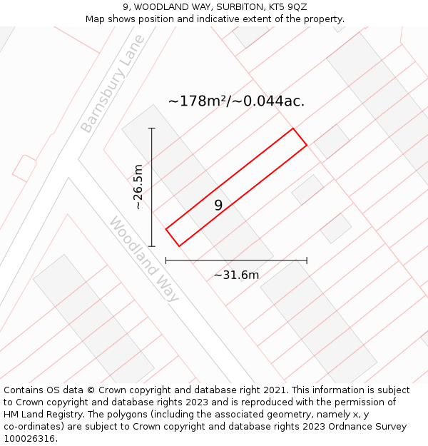 9, WOODLAND WAY, SURBITON, KT5 9QZ: Plot and title map