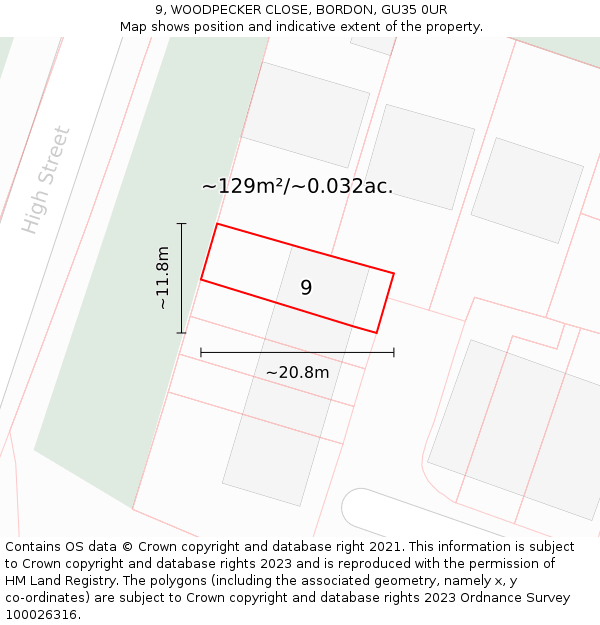 9, WOODPECKER CLOSE, BORDON, GU35 0UR: Plot and title map