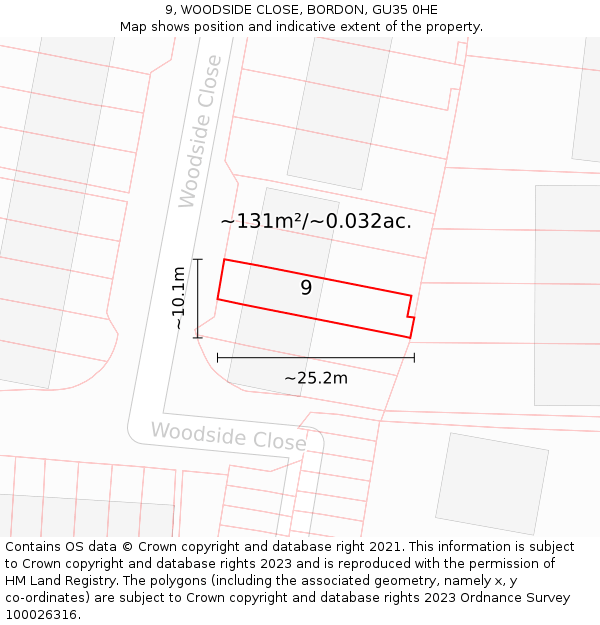 9, WOODSIDE CLOSE, BORDON, GU35 0HE: Plot and title map