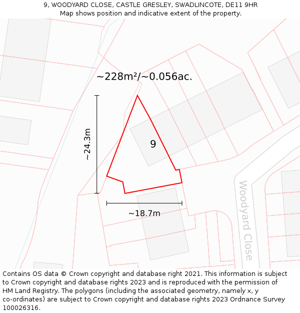 9, WOODYARD CLOSE, CASTLE GRESLEY, SWADLINCOTE, DE11 9HR: Plot and title map