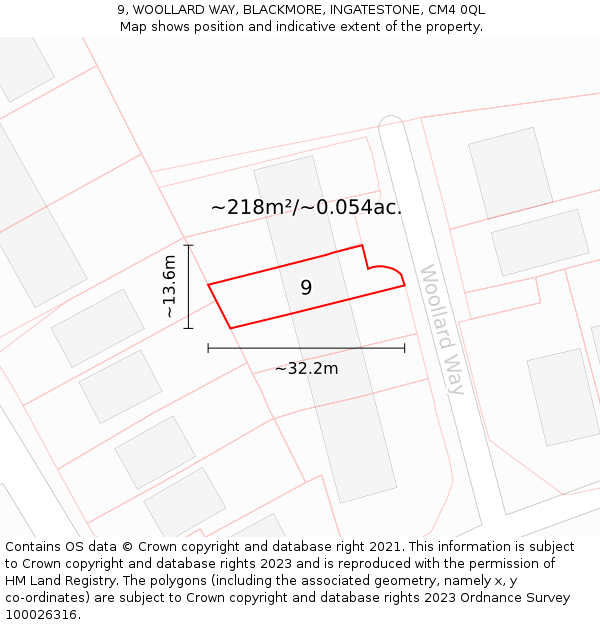 9, WOOLLARD WAY, BLACKMORE, INGATESTONE, CM4 0QL: Plot and title map