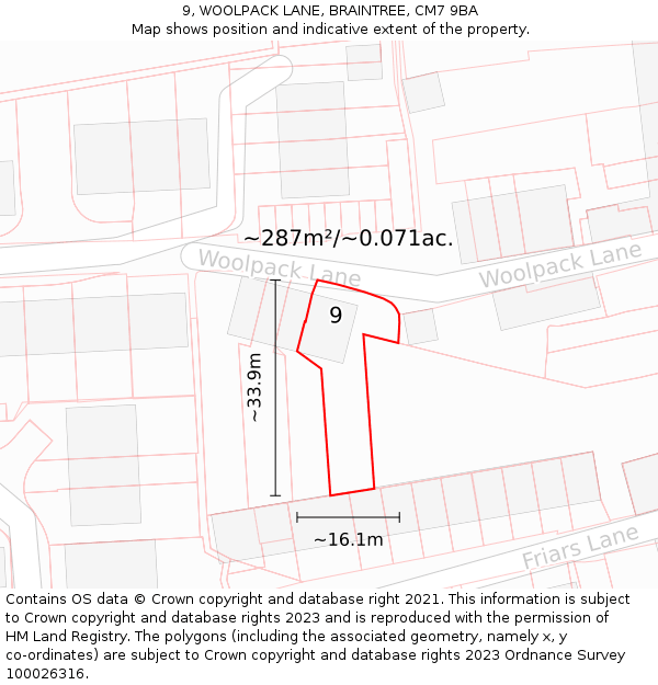 9, WOOLPACK LANE, BRAINTREE, CM7 9BA: Plot and title map