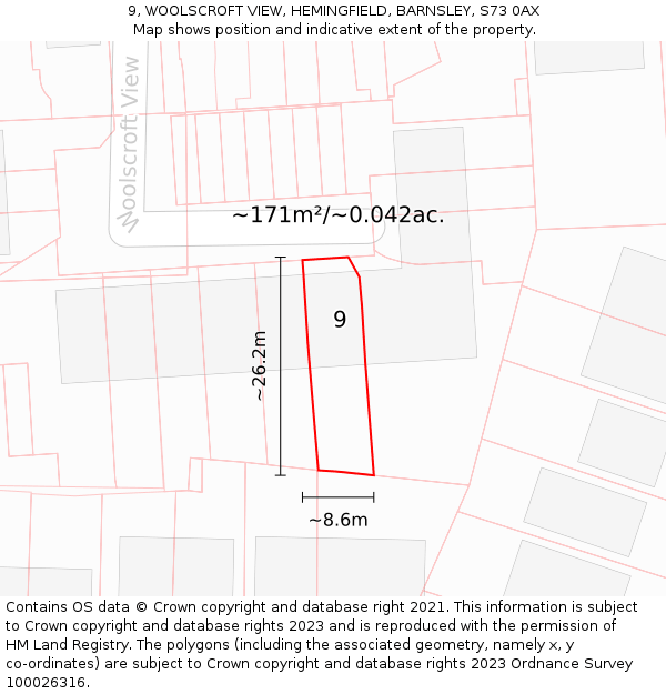 9, WOOLSCROFT VIEW, HEMINGFIELD, BARNSLEY, S73 0AX: Plot and title map