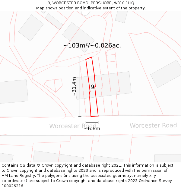 9, WORCESTER ROAD, PERSHORE, WR10 1HQ: Plot and title map