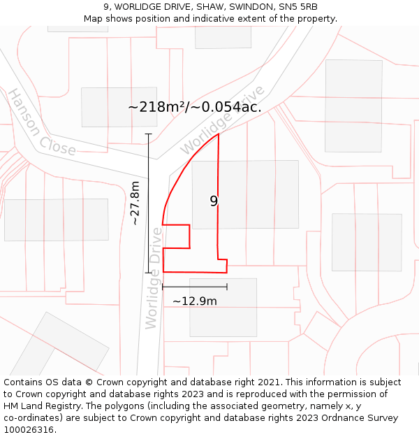 9, WORLIDGE DRIVE, SHAW, SWINDON, SN5 5RB: Plot and title map