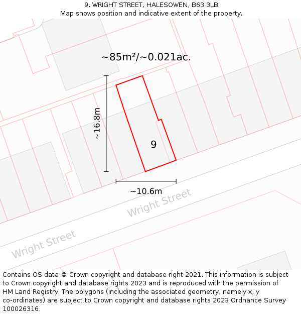 9, WRIGHT STREET, HALESOWEN, B63 3LB: Plot and title map