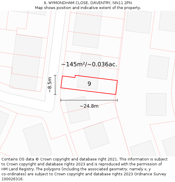 9, WYMONDHAM CLOSE, DAVENTRY, NN11 2PN: Plot and title map